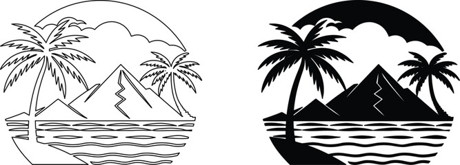 Summer tropical beach scene with palm trees and volcanic mountains in round badge design. © Rupasi