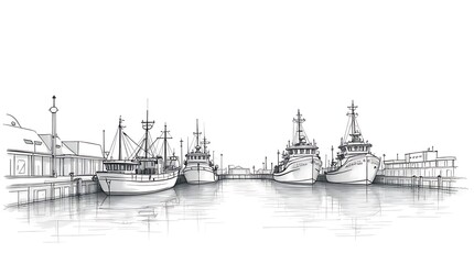 Fototapeta premium Calm Harbor Scene with Fishing Boats Moored at Docks