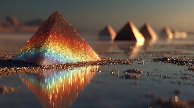 Golden desert landscape with textured earth and distant heat mirage pictures