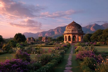 Obraz premium Serene Ancient Garden Mausoleums Bathed in Golden Hour Sunlight with Lush Purple and Pink Flowers and Majestic Mountain Backdrop