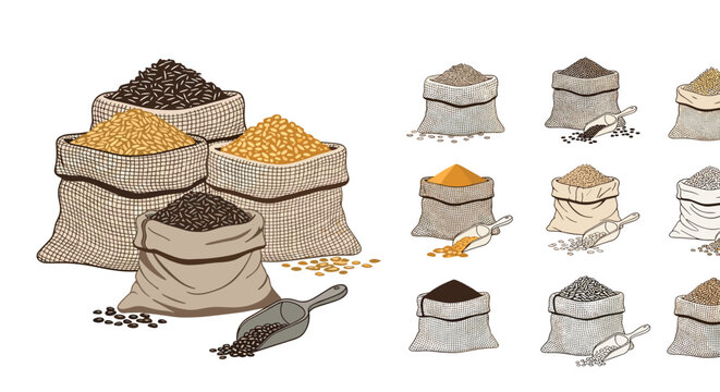 Assorted sacks of various grains and seeds including wheat rice and lentils with wooden scoops for organic food market.