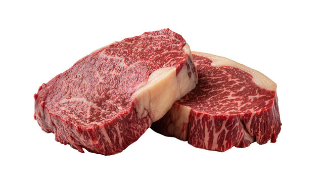 Raw marbled Wagyu beef steaks stacked close up