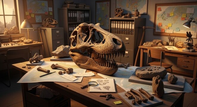 Dinosaur Skull Fossil Research Office Scene