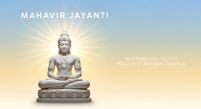 Mahavir jayanti greeting with seated lord mahavir statue and radiant light background