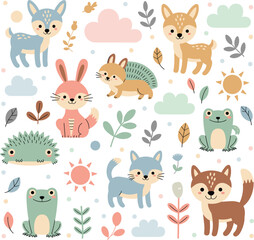 Naklejka premium Cute woodland animals set, forest creatures collection with rabbit fox frog hedgehog vector illustration design