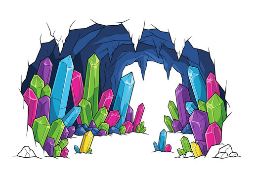 Vibrant cave entrance filled with colorful crystals and jagged rock formations