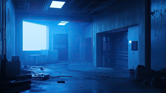 Abandoned industrial basement with blue sci fi lighting