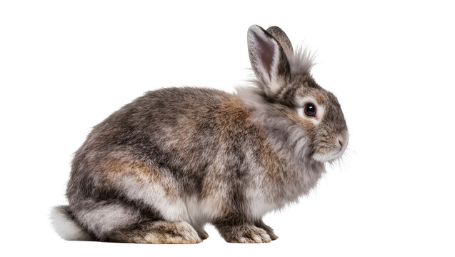 Fluffy gray rabbit sitting with long ears and soft fur