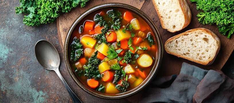 A bowl of vegetable soup with cabbage, kale, and potatoes is an exquisite way to create your own family's favorite winter storm food guide.