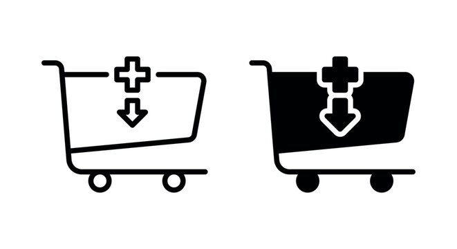 Add to cart icon with plus sign and down arrow for online shopping and e-commerce