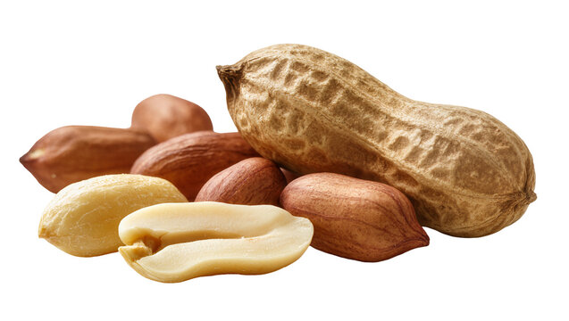 Raw peanuts in shells and split kernels close-up