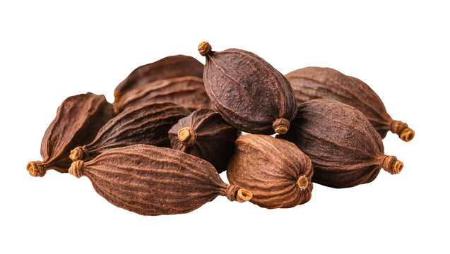 Dark brown cardamom pods pile close up view
