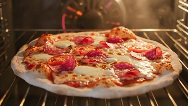 Delicious pizza baking inside oven with bubbling cheese and fresh pepperoni slices, steaming hot in the kitchen