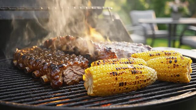 Delicious BBQ ribs and grilled corn on a barbecue grill with flames and smoke for a summer cookout