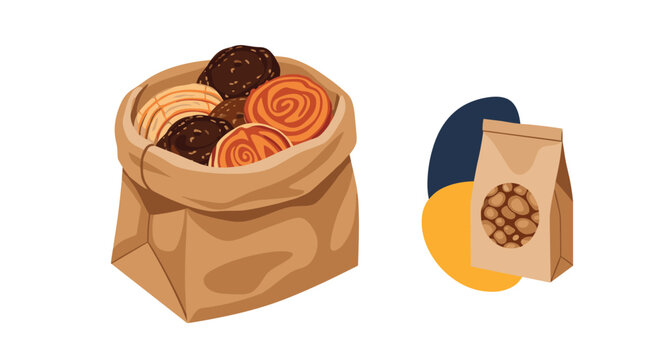 Large paper bag filled with various swirled pastries next to a smaller sealed bag of cookies on an abstract background.