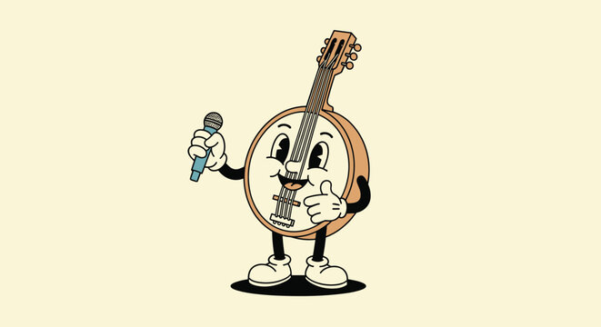 Cartoon banjo character with a smiling face holds a microphone and performs on a light yellow background in a retro rubber hose animation style.