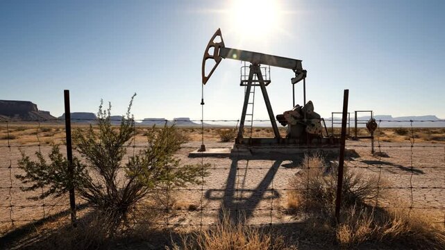 Working oil pumpjack silhouetted against a bright desert sun behind a chain-link fence on a clear day