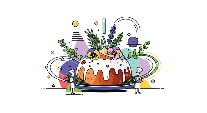 Gourmet cake decorated with white frosting and edible flowers is presented by two tiny chefs on an ornate artistic background with geometric shapes.