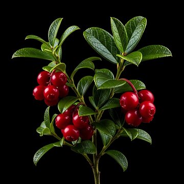 Fresh red lingonberry berries on a green leafy branch. american bearberry