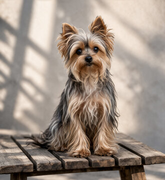 Yorkshire Terrier sitzt auf einer Bank
