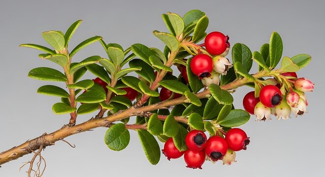 Fresh red lingonberry branch with green leaves and ripe berries in nature. american bearberry