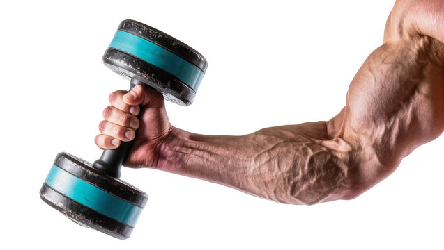 Muscular arm holding blue and black dumbbell for strength training