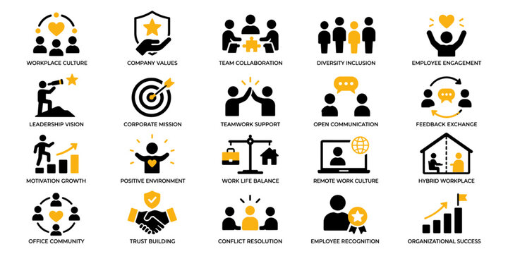 Black and yellow workplace culture icon set with teamwork, values and employee engagement symbols, Concept of company culture, collaboration and organizational environment