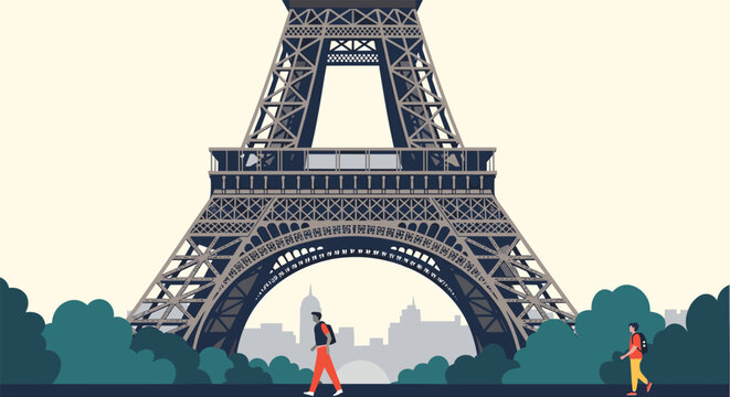 Architectural view of the iconic Eiffel Tower base in Paris with silhouettes of people walking among green trees in the foreground.