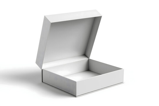 A simple white empty gift box with the lid open, positioned on a clean white background, perfect for showcasing product packaging design or a special present