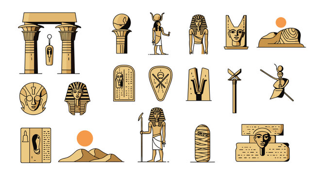 Comprehensive set of ancient Egyptian symbols and icons including pharaoh masks, pyramids, gods, hieroglyphs, and historic artifacts.