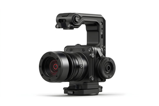 This sleek professional black cinema camera with its mounted lens and handle rig is precisely positioned on a clean white background, ready for capturing high resolution video footage