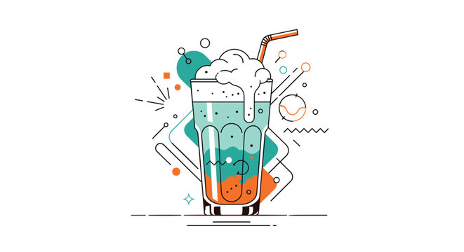 Artistic abstract illustration of a tall glass of a bubbly drink with foam on top and colorful geometric shapes in the background.