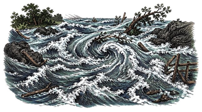 Powerful Flood Torrent and Water Vortex Illustrating Extreme Climate Change Impact on Environment