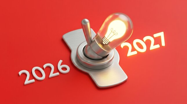 Light Bulb Switch Showing Transition Between Years 2026 and 2027