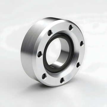 A close up view of a brushed metallic industrial component with a central opening and fixing holes on a clean white background