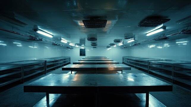 Cold autopsy table rows in medical examination room