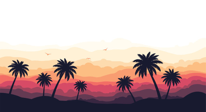 Tropical sunset landscape features palm tree silhouettes against a colorful background of layered hills and flying birds at dusk.