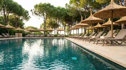 Obraz premium Resort beach pool area featuring lounge chairs, straw umbrellas, and lush greenery under a clear sky, creating a tranquil vacation atmosphere for relaxation and leisure