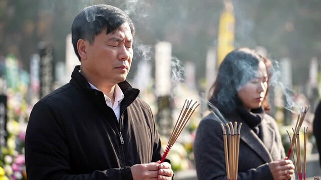 Man and woman praying with incense sticks at a cemetery, smoke rising, solemn remembrance, cultural tradition, respectful mourning, outdoor daytime, blurred tombstones background