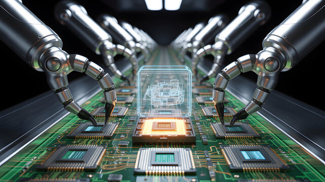 Robotic arms assembling a central processing unit on a futuristic circuit board with glowing components