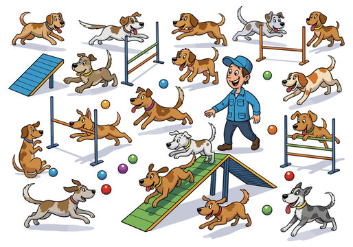 Cartoon dogs and handler participating in an agility training course with obstacles
