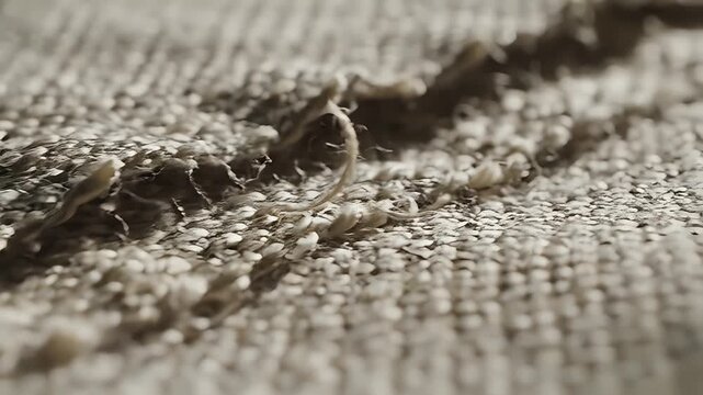 Close-up Macro Shot of Textured Fabric Weave with Natural Fibers.