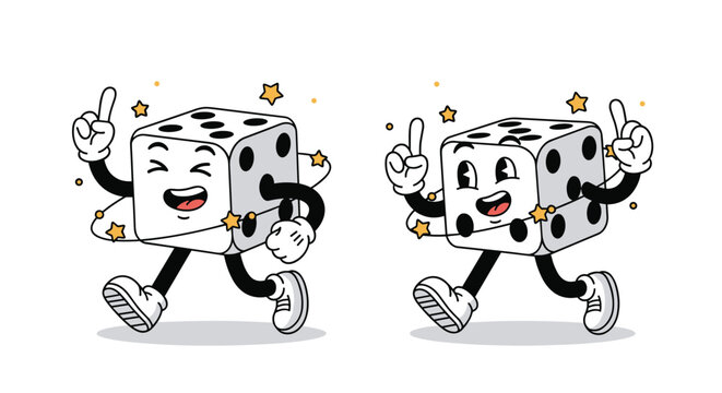 Two playful dice characters with happy faces and lanky limbs run joyfully through a shower of small golden stars.