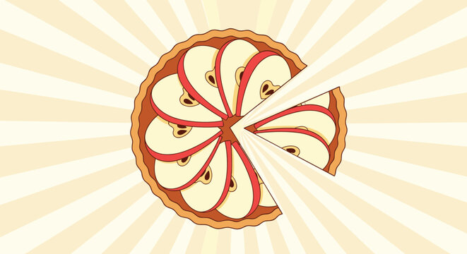 Top down view of an apple tart reveals perfectly arranged slices of fresh apple on a warm golden sunburst background.