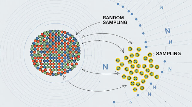 Random Sampling: An illustration illustrating the concept of random sampling, showing a large dataset being analyzed and a smaller sample being extracted for further study.