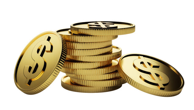 Stacked golden dollar coins with two coins angled outward