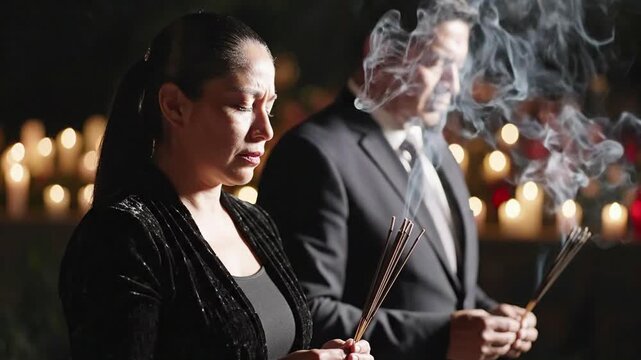 A grieving couple holding incense sticks and praying with lit candles in the background, somber mood, ritualistic atmosphere