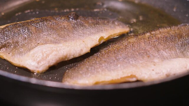Two sea bass fillets in a hot pan in bubbling olive oil. White fish with crispy golden skin. Healthy omega-3 rich, high protein food. Cooking in Kitchen clip. 4K.