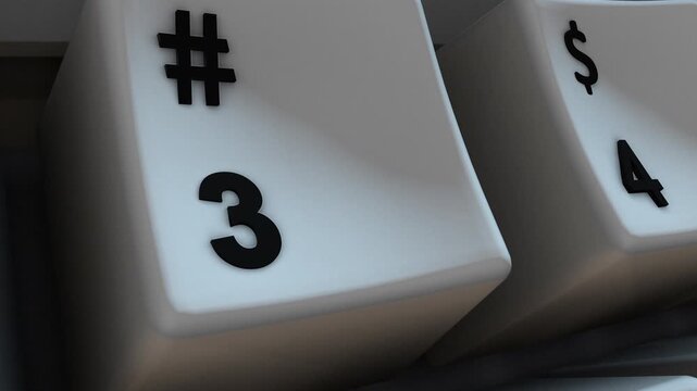Slow Moving Close-up of 3 Key on Computer Keyboard with Hashtag Sign. Great for business presentations, online education, and workplace productivity videos. 4K.