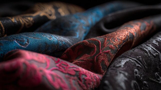 A vibrant collection of colorful fabrics with intricate patterns and designs